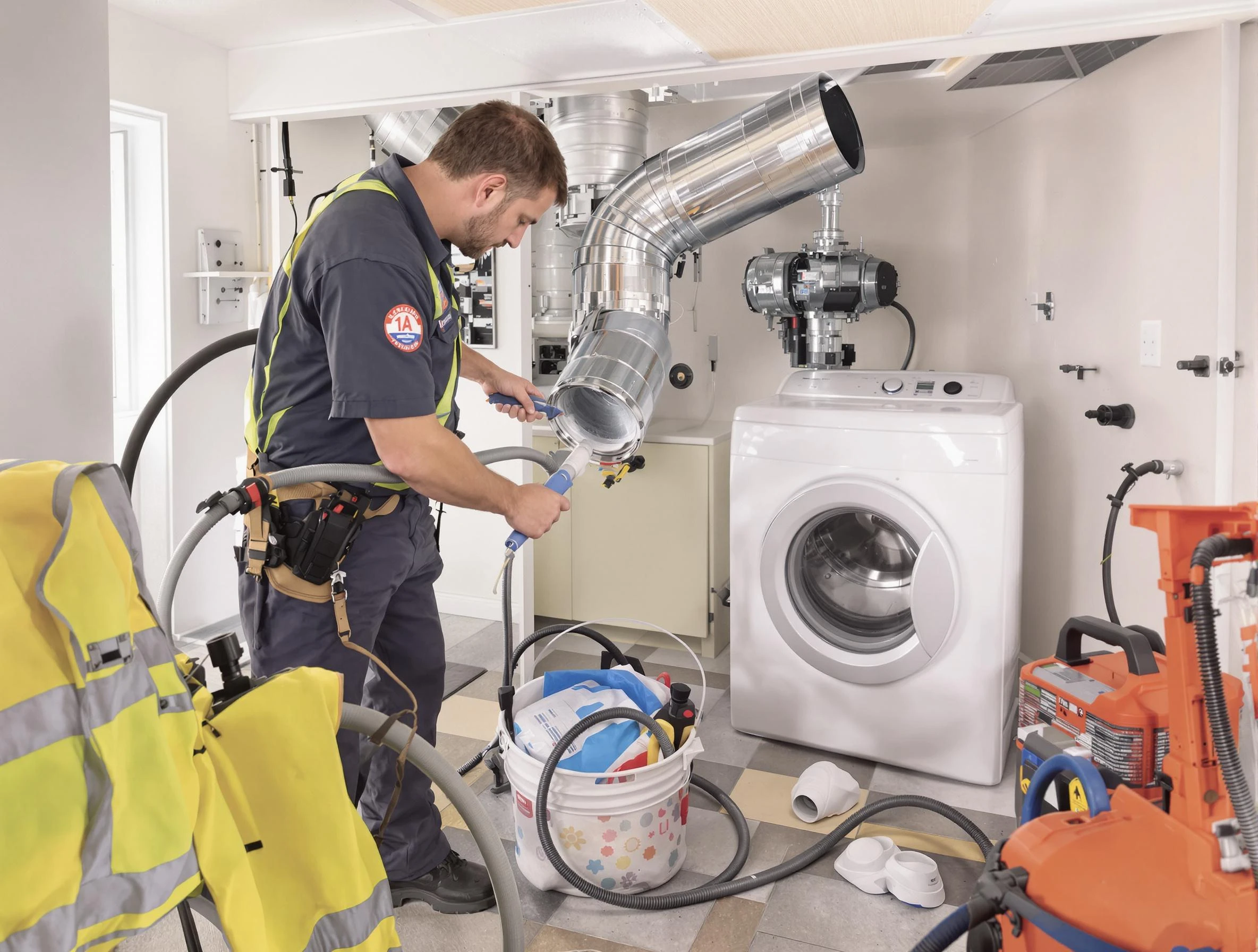 Homeacre-Lyndora Dryer Vent Cleaning technician using specialized equipment to clear severe dryer vent blockage in Homeacre-Lyndora