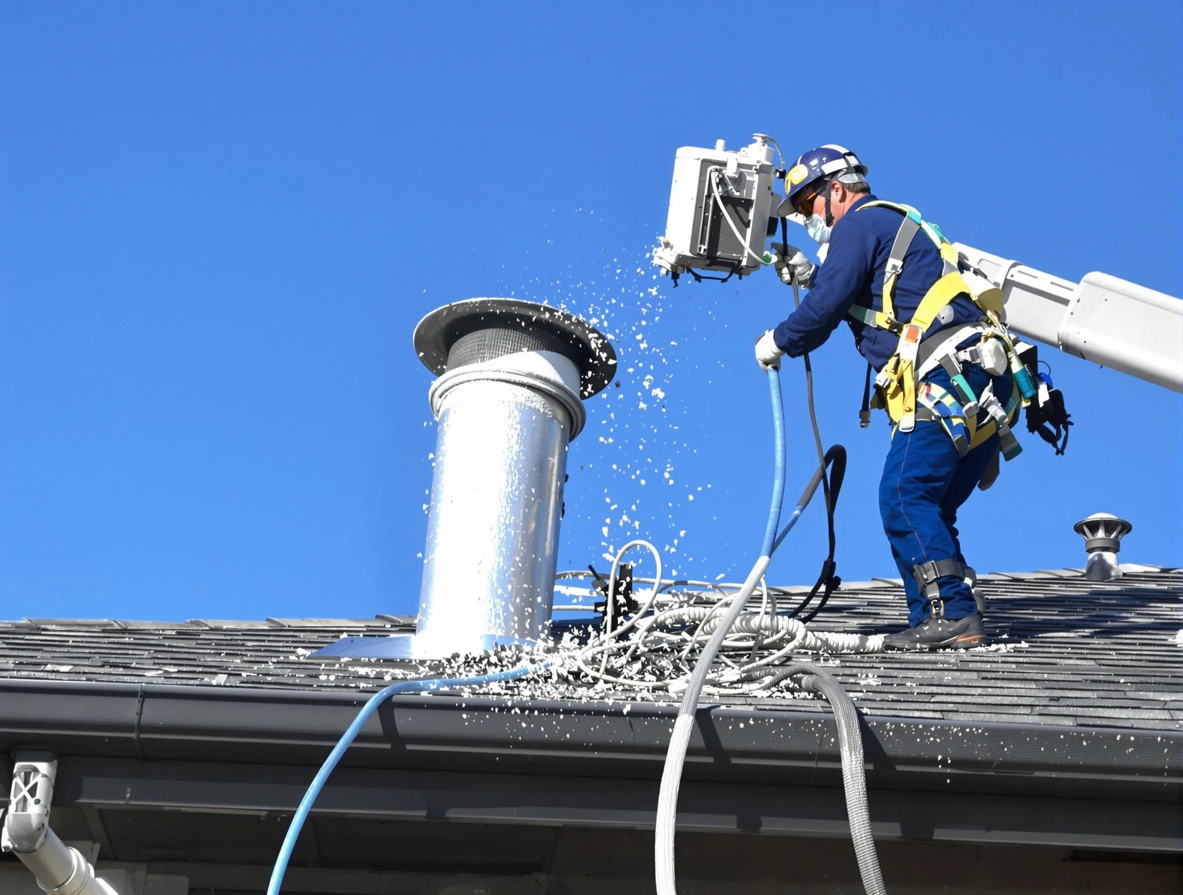 Homeacre-Lyndora Dryer Vent Cleaning certified technician safely cleaning a roof-mounted dryer vent in Homeacre-Lyndora
