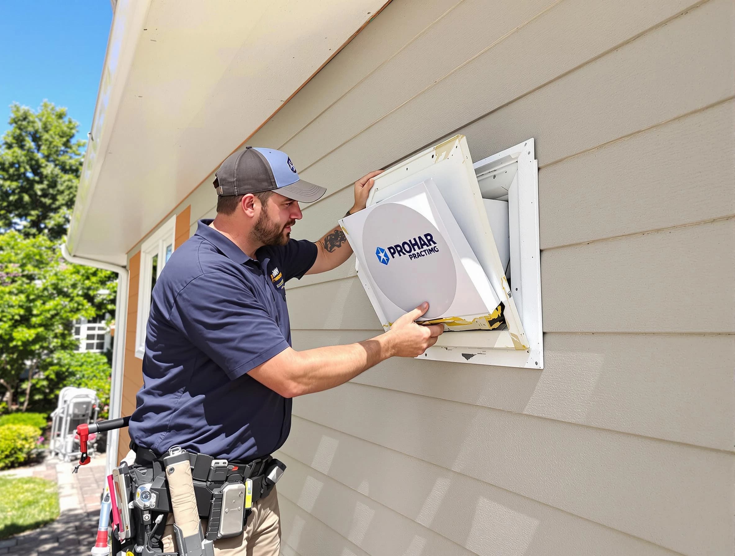 Homeacre-Lyndora Dryer Vent Cleaning technician installing a new protective dryer vent cover on a home in Homeacre-Lyndora